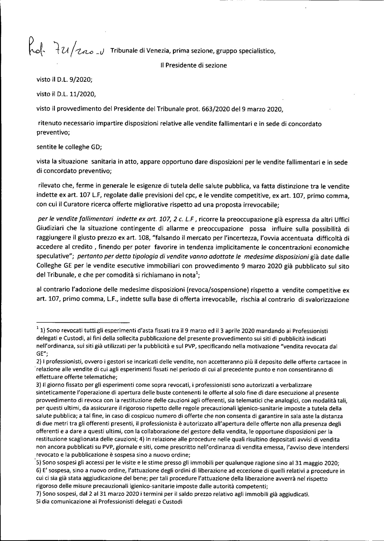 Tribunale di Venezia 13.03.2020 - Disposizioni relative alle vendite fallimentari e in sede di concordato preventivo